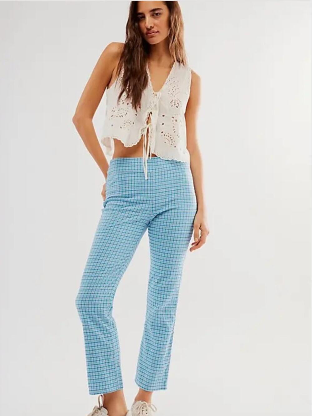 Free People Slim Crop Pants Blue Plaid High-Rise